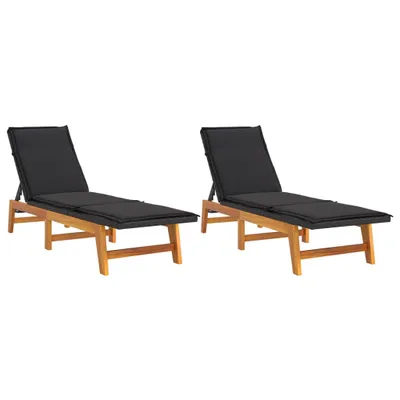 Two wooden sun loungers with black cushions are shown against a white background.