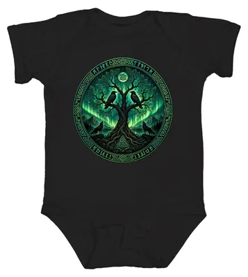 Obrázek produktu pro Yggdrasil, světový strom, Vikingové, havran, vlk, severská mytologie, body pro miminko, černá barva, velikost 6/12 měsíců