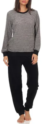 Produktbild von Damen Frottee Pyjama Schlafanzug mit Bündchen in eleganter Streifenoptik - 291 201 13 781 ; grau-melange , 44
