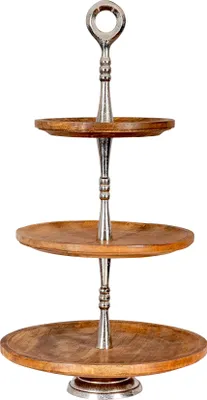 Produktbild von Holz Etagere 3 Etagen H60cm Mangoholz Metall Servierplatte Kuchenständer Deko