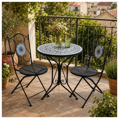 Produktbild von Bistro Sitzgruppe Metall schwarz Tisch mit 2 Stühlen Balkon Set mit Motiv