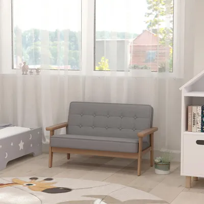 Produktbild von SUGIFT Kindersofa mit Holzrahmen, Kindersessel 2-Sitzer, Samtoptik Kurzflor-Stoff, Grau | 77 x 42 x 48 cm | bis 80 kg | für 3–15 Jahre