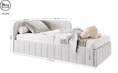 Produktbild von Bett Mario 90x200 cm, Polsterbett mit Metallrahmen, Jugendbett mit Bettkasten, Riviera-Stoff, Grau, Rechts