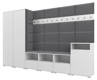 Obrázek produktu pro Šatní skříň NELA XII 300 cm – modulární nábytek do předsíně, bílá, s polstrovaným sedákem v tmavě šedé barvě 15 (obří sada)