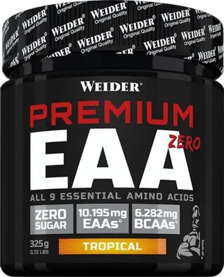A black container of Weider Premium EAA Zero Tropical flavored dietary supplement.