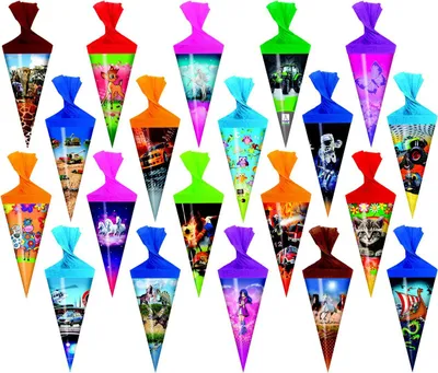 Produktbild von 20x Deko Schultüte mit Motiv / Zuckertüte / Länge: 15cm / rund