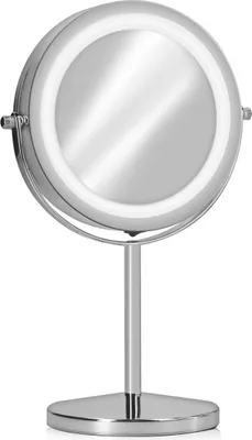 A silver makeup mirror with LED lighting on a stand, shown against a white background.