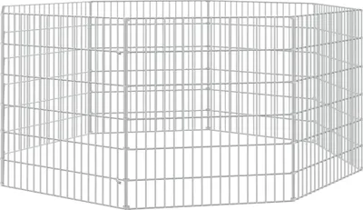 A hexagonal wire pet playpen.