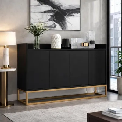 Image de Buffet bas noir, dimensions 120x30x80 cm, sans poignées, étagères réglables, meuble de rangement avec portes