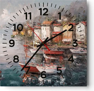 Produktbild von Wanduhr - Quadrat - Glasuhr - Meer Hafen Segel - 30x30cm - Schleichendes Uhrwerk - Lautlos - zum Aufhängen bereit - Dekoration Modern - Wanddekoration aus Glas - C4AC30x30-5136