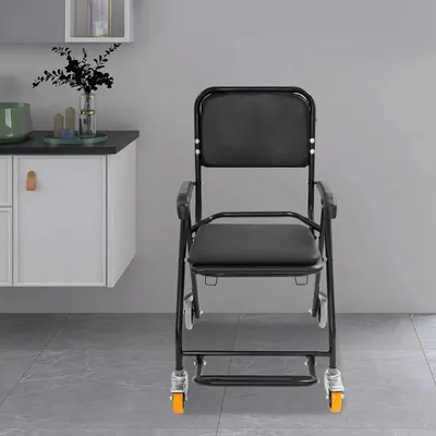 Produktbild von Rollstuhl-Toilettenstuhl - Dusch- und Kommodenstuhl mit Rollen - Mit Armlehnen - Für Senioren und Menschen mit Behinderung - Schwarz