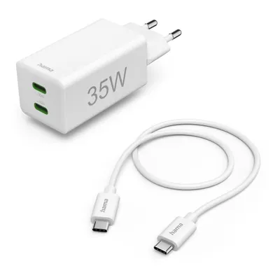 Image de Hama Schnellladegerät + Kabel, 2x USB-C, PD/QC, Mini-Ladegerät, 35W, 1 m, Weiß (00125116)