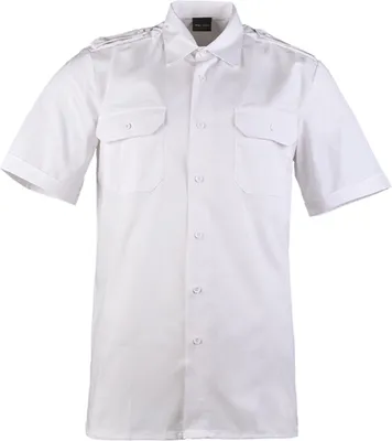 A white short-sleeved button-up shirt displayed flat.