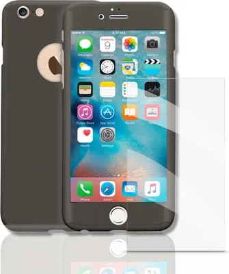 A dark gray smartphone case and a screen protector are shown with a smartphone displaying its home screen.