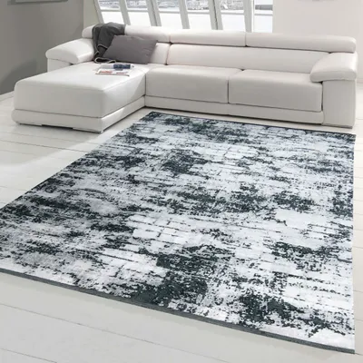 Produktbild von Moderner Teppich Wohnzimmer in Abstraktem Orientalischen Design in Grau auf schwarzem Hintergrund Größe - 160x230 cm