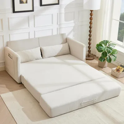 Immagine prodotto di LVHOM Divano letto estraibile a 2 posti in velluto a coste, divano letto con funzione letto e tasche laterali, divano letto per ospiti incl. 2 cuscini, 165 x 92 x 82 cm, beige