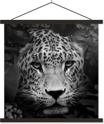 Produktbild von MuchoWow® Textilposter Dschungel - Panther - Wilde Tiere - Schwarz - Weiß 60x60 cm mit schwarzem Rahmen - Posteraufhänger