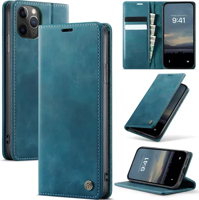 Image de Étui en cuir pour iPhone 11 Pro Max, protection RFID, fermeture magnétique, fentes pour cartes et fonction stand Bleu