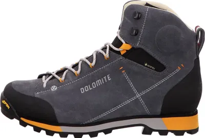 A side view of a gray hiking boot with orange accents.