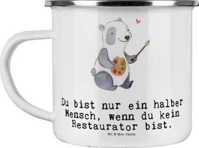 Produktbild von Mr. & Mrs. Panda Haferl Restaurator Herz - Weiß - Geschenk, Emaille Tasse, Kaffeepott, Pott, Teetasse, Motivtasse