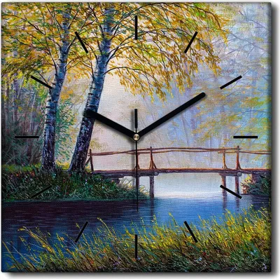Produktbild von Coloray Uhr auf Leinwand 30x30 cm Wand Uhr Dekoration Wohnzimmer Segeltuch schwarze Hände -Landschaftsbrücke See.