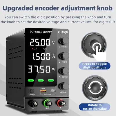 Obrázok produktu pre DC laboratórny zdroj – nastaviteľný laboratórny zdroj s reguláciou – 0–30 V, 0–5 A – regulovateľné výstupné napätie DC – ochrana proti prepätiu (OVP) a nadmernému prúdu (OCP) – ovládanie pomocou enkodéra – nabíjací zdroj 30 V, 5 A