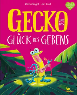 A cartoon gecko playing a ukulele on a vibrant pink background with large green leaves.