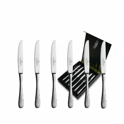 Six knives are arranged in front of a black gift box containing more knives.