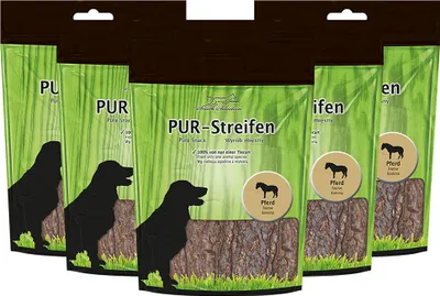 Produktbild von 5x100g Schecker PUR Streifen Pferd - Kausnack für Hunde von einer Tierart - getreidefrei