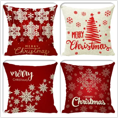 Produktbild von Weihnachts-Kissenbezug 45 x 45 cm, 4er-Set, Weihnachts-Deko-Kissenbezug, Deko-Kissenbezug, rustikales Sofa, Leinen-Kissenbezug, Sofa, Sofa-Sessel, Wohnzimmer-Kissenbezug