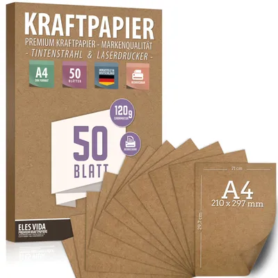 Immagine prodotto di Set di 50 fogli di carta kraft A4 - 120 g - 21 x 29,7 cm - Stile vintage