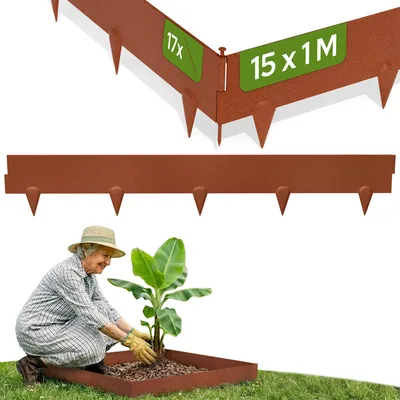 Produktbild von AREBOS Cortenstahl Rasenkante 15 m Set – flexible Beeteinfassung & Rasenbegrenzung aus Metall, 10 cm Höhe, wetterfest, langlebige Mähkante Garten