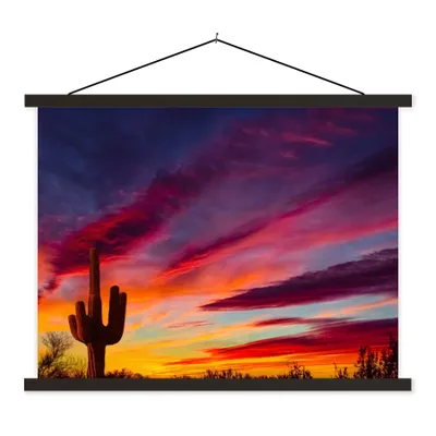 Produktbild von MuchoWow® Textilposter Kaktus - Himmel - Sonnenuntergang - Lila - Rosa 150x113 cm mit schwarzem Rahmen - Wohnzimmer
