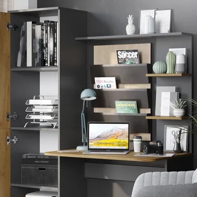 A modern home office setup with a desk, shelves, and various desk accessories.
