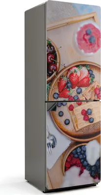 Produktbild von Dessert mit Früchten und Waffeln – Magnetische Kühlschrank Abdeckung – Dekorfolie magnetisch Küche – Kühlschrank Magnet Deko – selbstklebende Magnettafel – Magnetfolie für Kühlschranktür – 60x180 cm