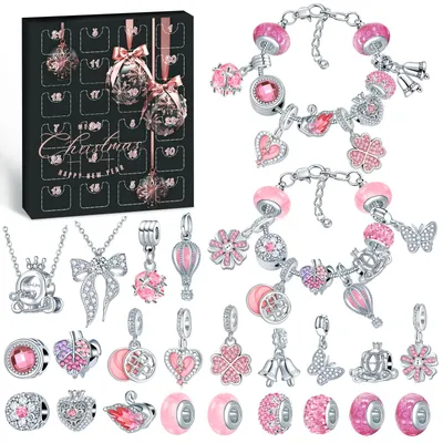 Imagen del producto de Calendario de Adviento 2026: Joyería, 24 sorpresas, pulsera de dijes para hacer tú mismo, para niñas y mujeres