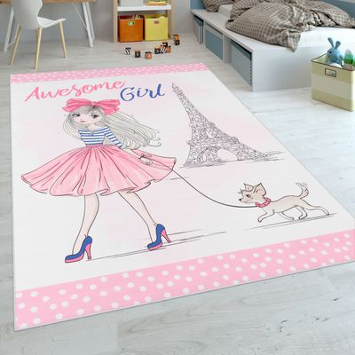 Kinderteppich Kinderzimmer Teppich Mädchen Pastell Modern Eiffelturm Hund Rosa Blau Grösse 140x200 cm