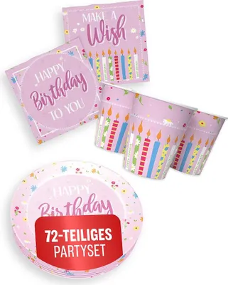 Produktbild von Happy Birthday Rosa 3-teiliges Party-Set mit 16 Papptellern, 16 Pappbechern und 40 Servietten