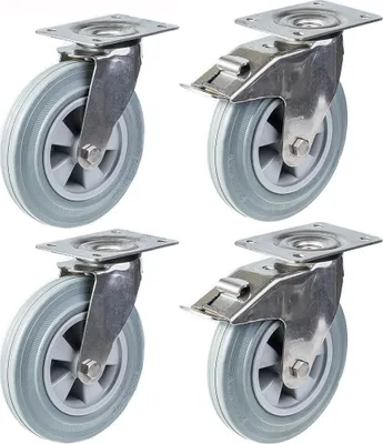 Produktbild von 200mm 8" Edelstahlrollen grau Gummi, drehbar & gebremst, 820kg, 4er Set