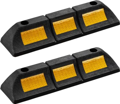 Produktbild von Wiltec Radstopper 47,5 x 12 x 8 cm, 2x Einparkhilfe aus Gummi, Parkplatzbegrenzung mit gelben Reflexionsstreifen & Schraubrillen, Parkplatzsperre für Garage