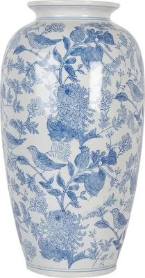 Produktbild von Clayre & Eef Vase Ø 19x37 cm Weiß Blau Keramik Vögel auf Zweigen