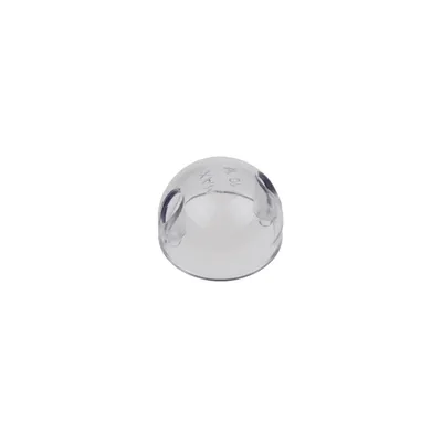 A clear, spherical plastic cap with some text embossed on it, isolated on a white background.