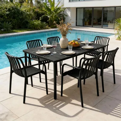 Produktbild von Gartenmöbel Set TULIPANO mit 1 Tisch & 6 Stühle in schwarz. Wetterfestes Aluminium & UV-beständiges Kunststoff. Outdoor Sitzgruppe für Terrasse & Balkon.