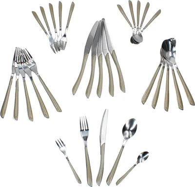 A collection of cutlery sets arranged in a fan-like pattern against a white background.