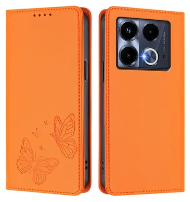 Produktbild von Lederhülle für Infinix Note 40 4G, Schmetterling Prägung Leder Brieftasche Schutzhülle mit Ständer Orange