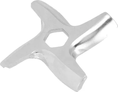 A close-up, isolated shot of a silver, cross-shaped meat grinder blade with a hexagonal opening in the center.