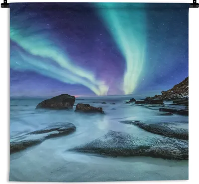 Produktbild von MuchoWow® Wandteppich Wandbehang Nordlichter - Landschaft - Lofoten 120x120 cm Tapisserie Dekoration Wandtuch - Modern - Baumwollgewebe