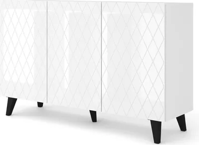 Produktbild von Kommode DIUNA 3D 145 cm auf Beinen WEIß MATT / WEIß GLANZ 3 Türen Sideboard Highboard Schrank Büfett