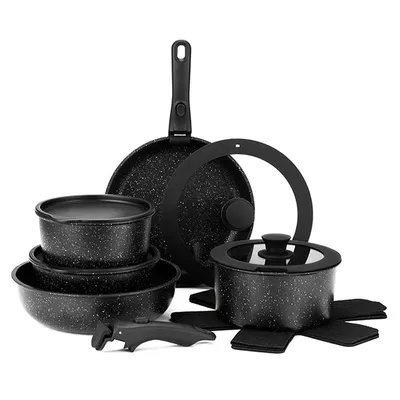 Produktbild von Antihaft-Küchenset 15-teilig – Aluminiumtöpfe mit Silikonglasdeckel, abnehmbare Griffe, für Induktion & Backofen geeignet