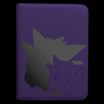 A purple binder with a Gengar graphic on it.